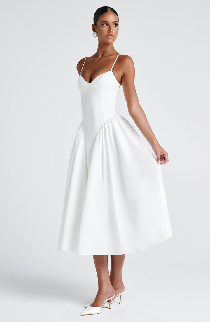 Luminara – Rochie Midi de Damă Elegantă cu Top Ajustat și Fustă Voluminoasă