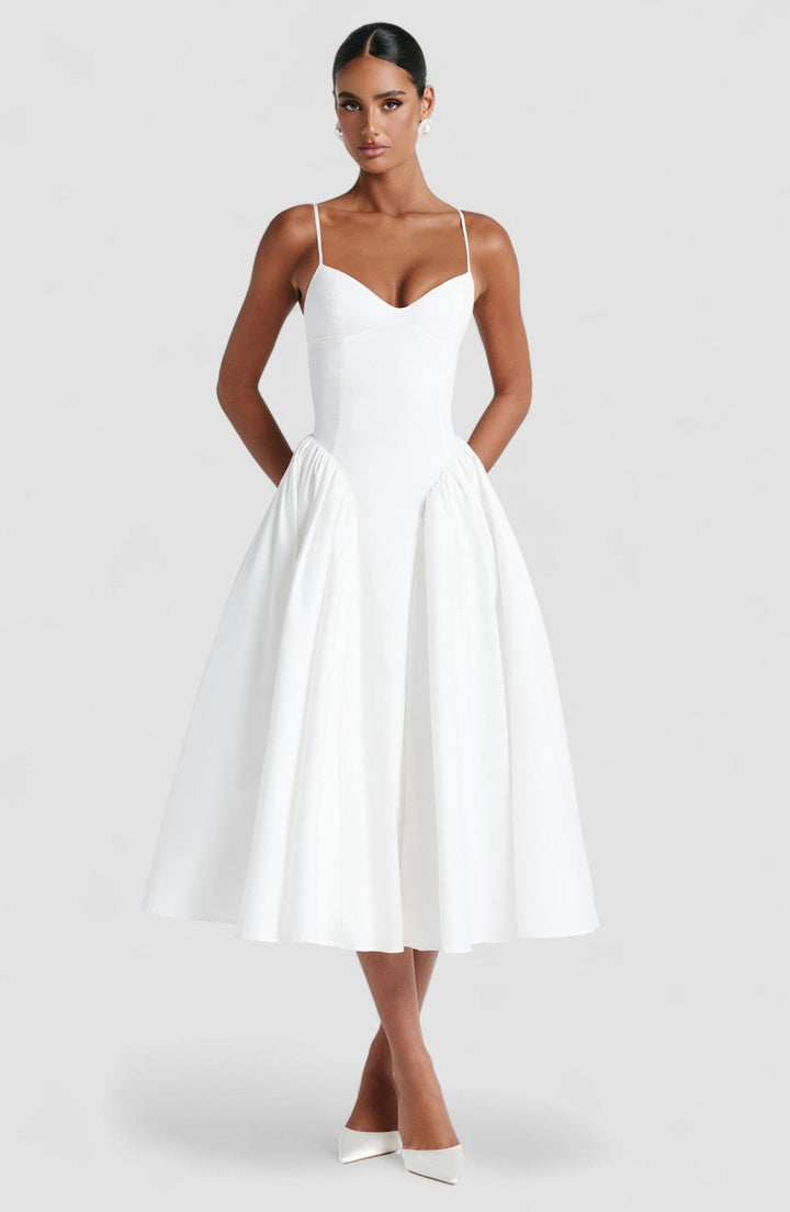 Luminara – Rochie Midi de Damă Elegantă cu Top Ajustat și Fustă Voluminoasă