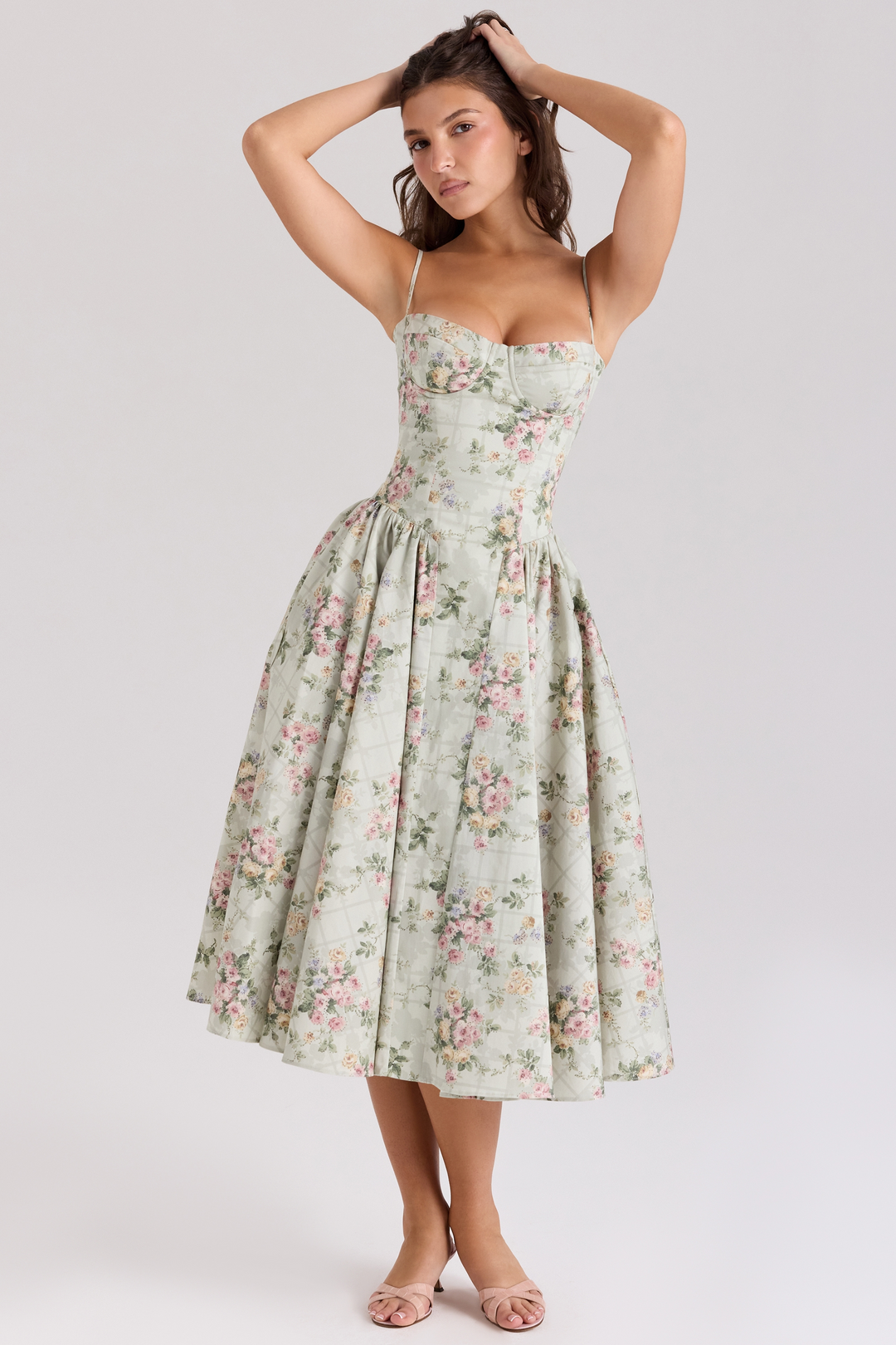 Coralie – Rochie de Damă Midi Florală cu Corset