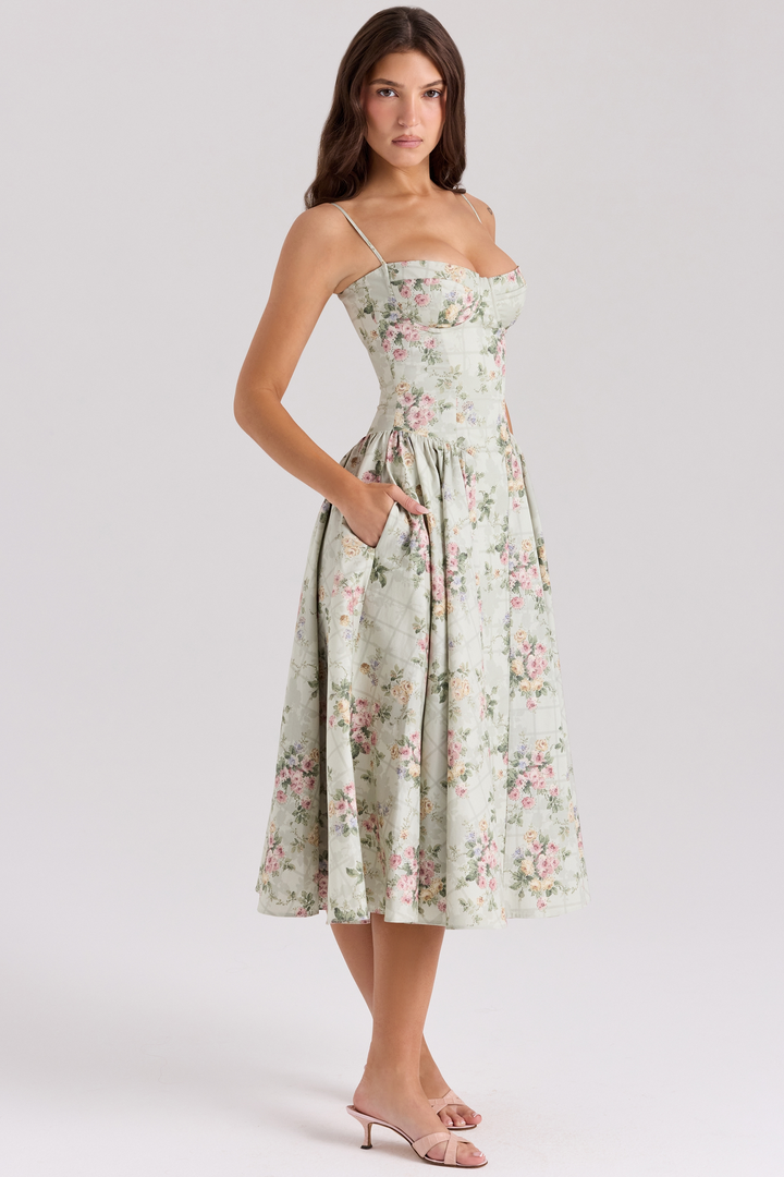 Coralie – Rochie de Damă Midi Florală cu Corset