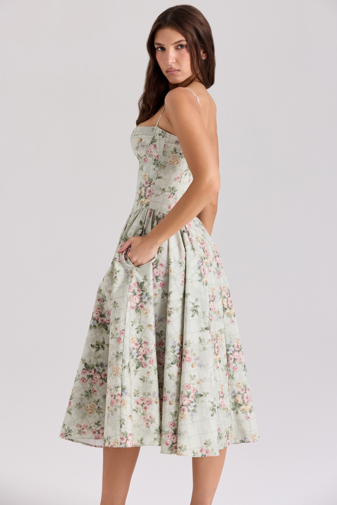 Coralie – Rochie de Damă Midi Florală cu Corset
