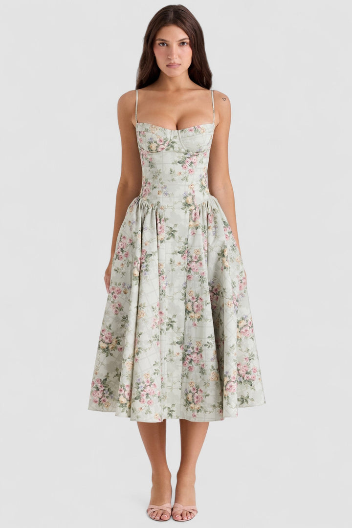 Coralie – Rochie de Damă Midi Florală cu Corset