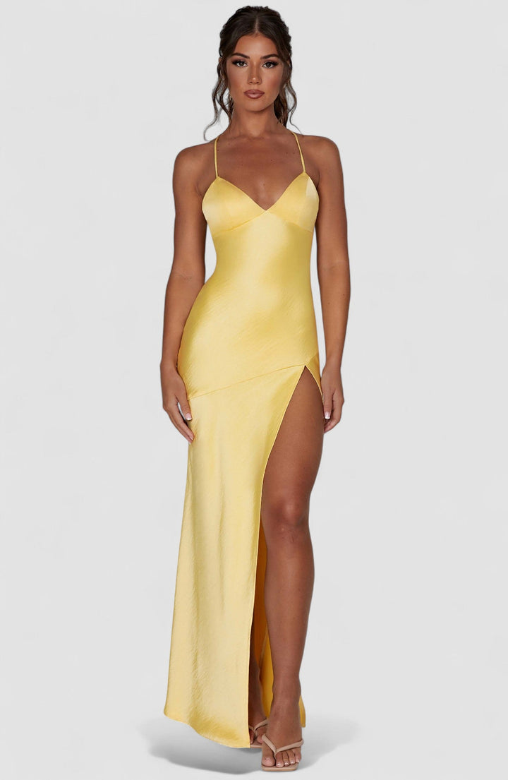 Meliva – Rochie Maxi de Damă cu Decolteu Înalt Satinată