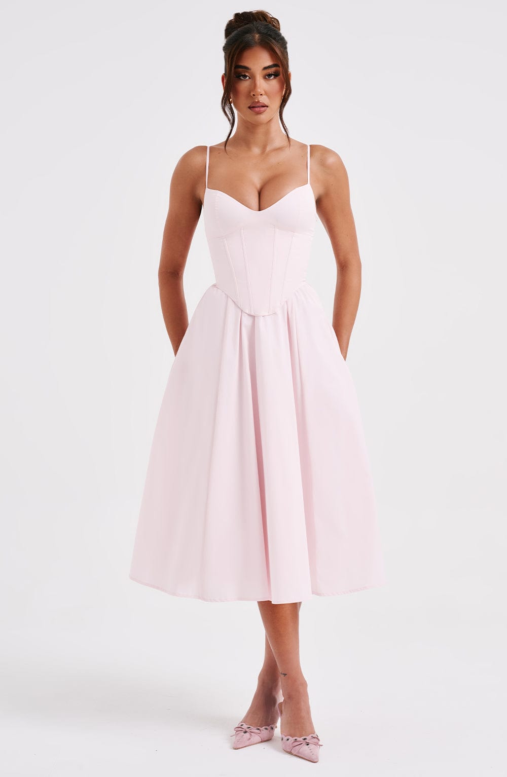 Grace – Rochie Midi Corset Elegantă Roz Blush