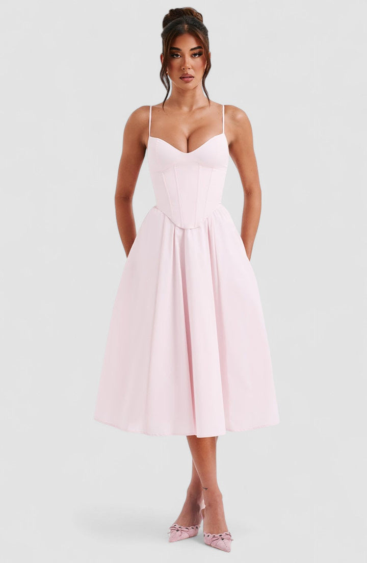 Grace – Rochie Midi Corset Elegantă Roz Blush