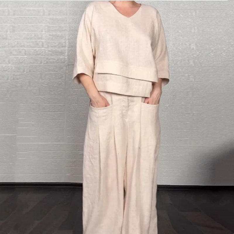 Set din două piese din bumbac și in cu mânecă scurtă