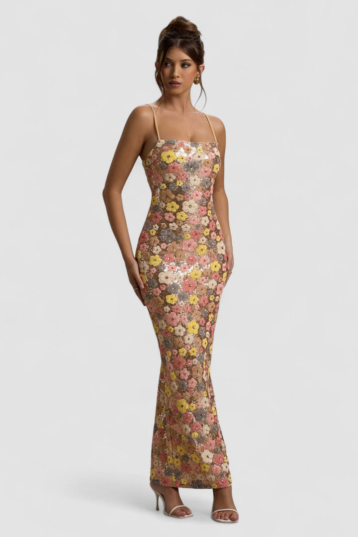 Sienna – Rochie de Damă Maxi Elegantă cu Flori și Paiete